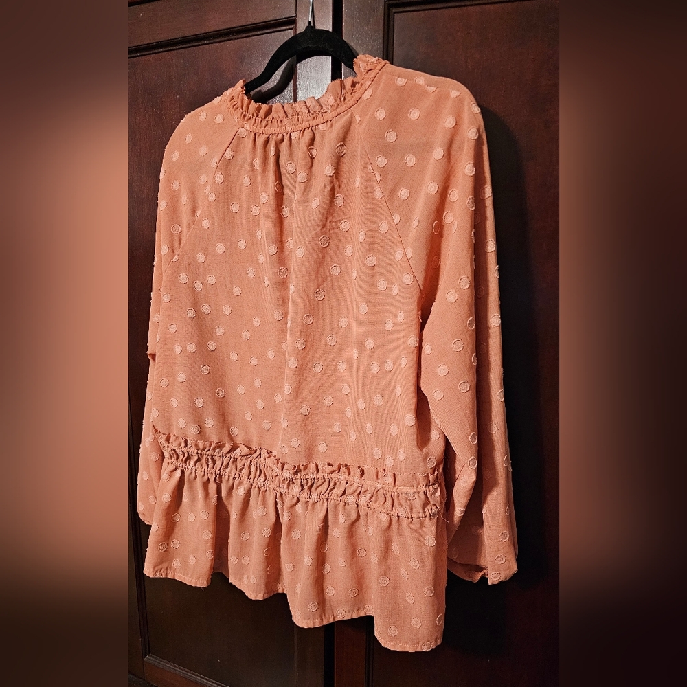 Rachel & Zoe XL Smocked Peplum Ruffled Swiss Dot Blouse Mandarin Collar NWOT - Picture 4 of 13